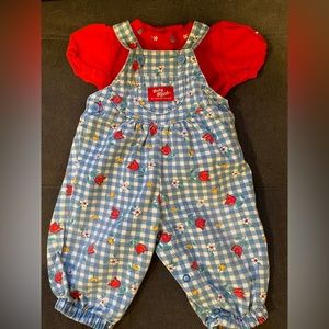 RARE VNTG Oshkosh B’Gosh Tulip Vestbak Overalls & T-shirt Set 6/9M Baby Girl